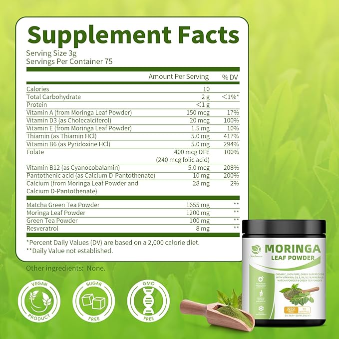 Organic Moringa Powder, Green Superfoods with Matcha Powder Green Tea Powder Resveratrol - Rich in Antioxidants and Vitamin A D3 E B6 B12, Digestive and Immune Support - Non-GMO, Vegan, 8 oz, 2 Pack