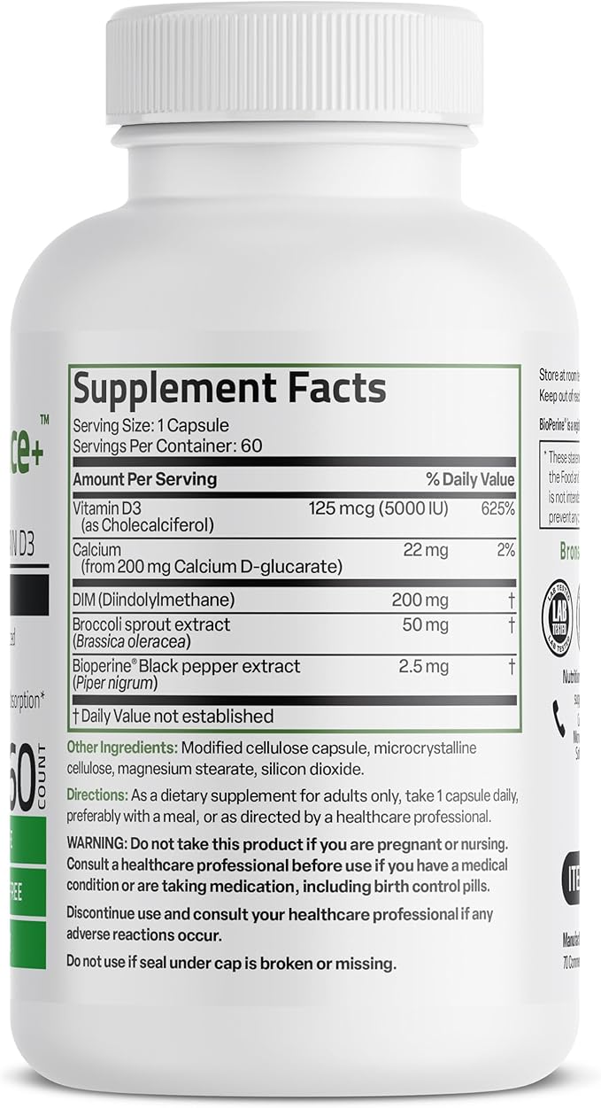 Bronson DIM Balance+ Calcium D-Glucarate, Broccoli Sprouts and Vitamin D3 200 MG of DIM per Capsule Supports Estrogen Metabolism and Balanced Hormone Levels Non-GMO, 60 Vegetarian Capsules