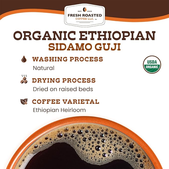 Fresh Roasted Coffee, Organic Ethiopian Sidamo Guji, 2 lb (32 oz), Light Roast, Kosher, Whole Bean