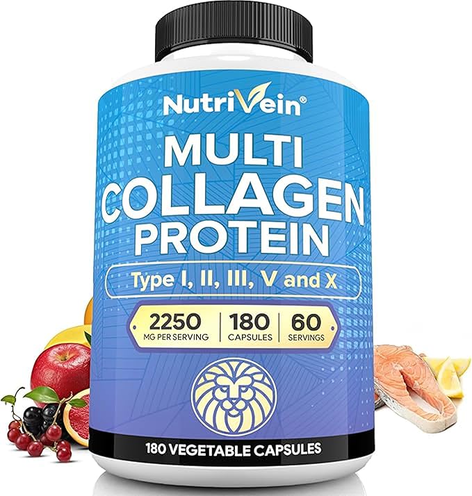 Nutrivein Multi Collagen Pills 2250mg - 180 Collagen Capsules - Type I, II, III, V, X, Anti-Aging, Healthy Joints, Hair, Skin, Bones, Nails, Hydrolyzed Protein Peptides for Woman and Men