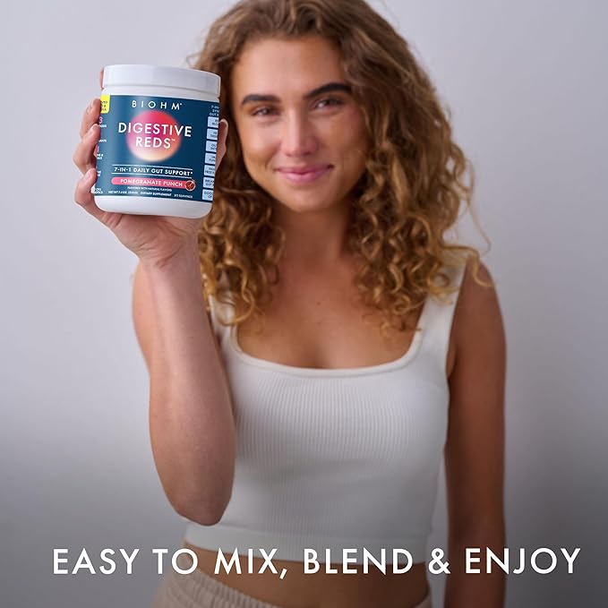 BIOHM Digestive Reds, Superfood Powder, Antioxidants, Vitamins, Probiotics, Digestive Health for Women and Men with Enzymes, Beets, Goji, Pomegrante, Red Berry Flavor (30 Servings)