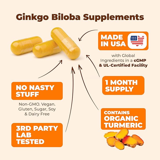 Turmeric Curcumin & Ginkgo Biloba Supplements 60 Capsules