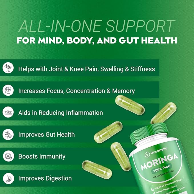 Moringa Powder Capsules - Pure Nutrient-Rich Moringa Powder - A Natural Green Antioxidant Superfood - Supports Energy, Skin Health, Gut Health+ - w/Essential Vitamins & Amino Acids A1 - Pack of 2