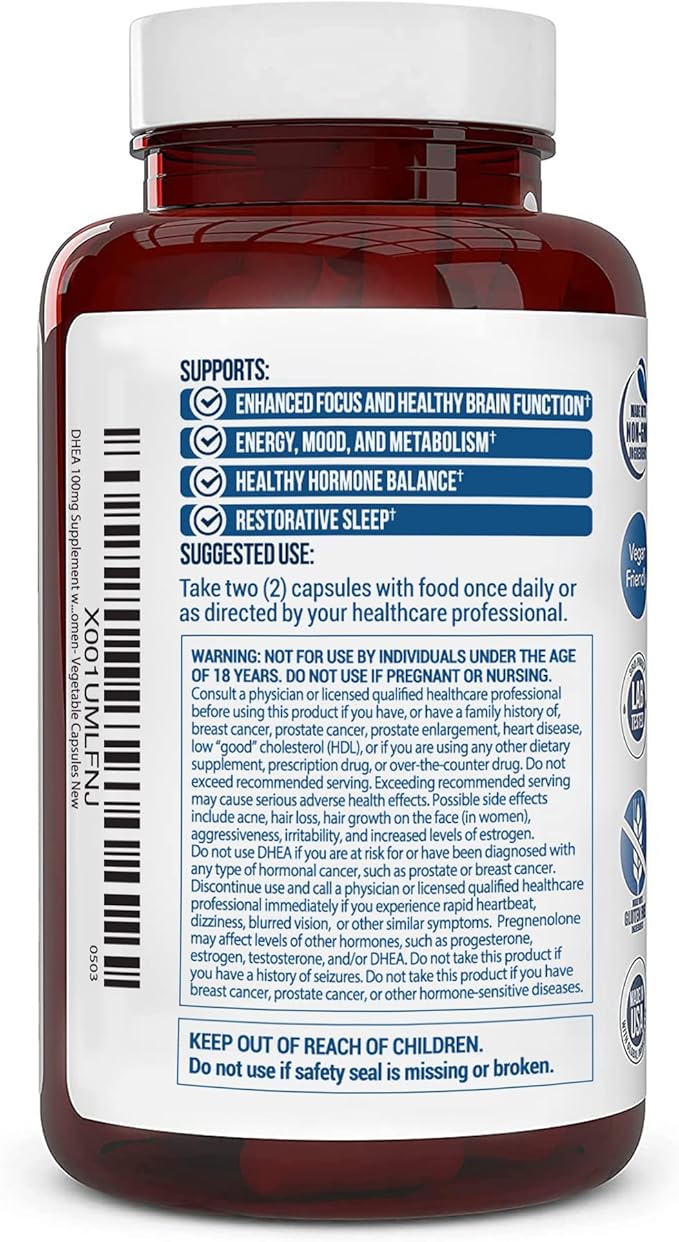 DHEA 100mg Supplement with Pregnenolone 60mg -Supports Hormone Balance, Lean Muscle Mass, Energy, Mood, Sleep, and Healthy Aging in Men and Women- Vegetable Capsules