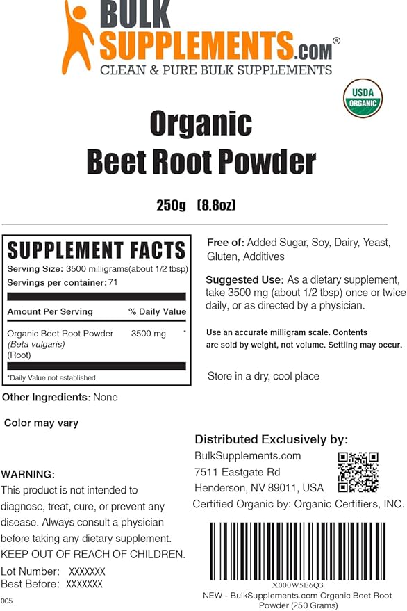BulkSupplements.com Organic Beet Root Powder - Beet Powder Organic, Beetroot Supplement - Superfood Supplement, Vegan & Gluten Free - 3500mg per Serving, 250g (8.8 oz) (Pack of 1)