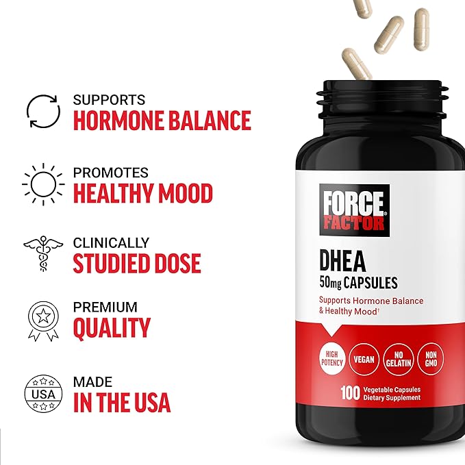 FORCE FACTOR DHEA 50mg, DHEA Supplement for Women and Men to Support Hormone Balance and Healthy Mood, Premium Quality, Vegan Friendly, Non-GMO, 100 Vegetable Capsules