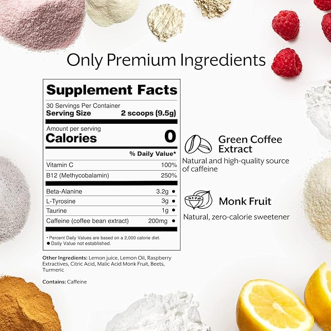 Promix Pre-Workout Powder, Raspberry Lemon B12, Caffeine,