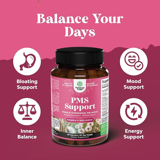 PMS Support Supplement for Women – Menstrual Hormone Balance for Women with DIM, Chasteberry, Black Cohosh & Ashwagandha - for Period Cramps Relief, Menopause Bloating, Mood Swing – 60 Capsules