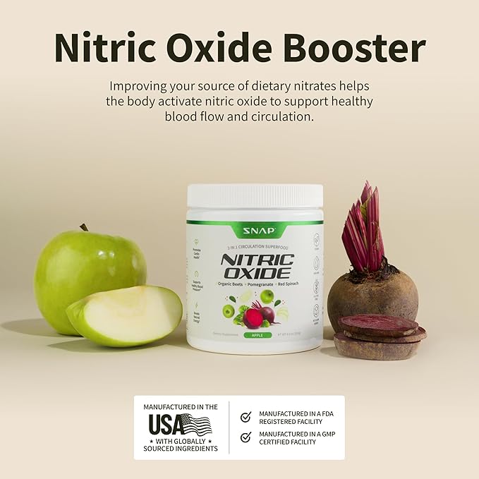 Snap Supplements Organic Beet Root Powder, Nitric Oxide Superfood Supplement with Beets, B Vitamins, Pomegranate & Red Spinach for Energy, Heart Health & Circulation Support, 30 Servings, Apple