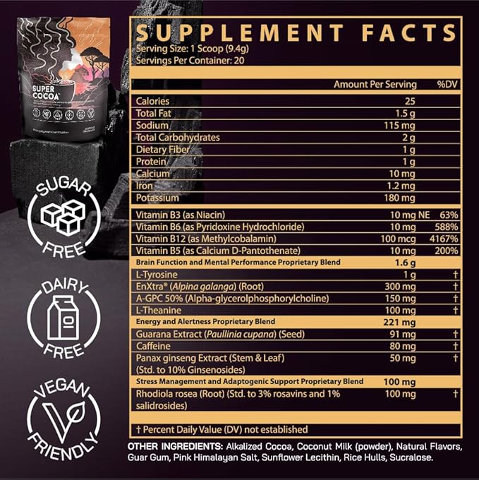 Super Cocoa Coffee Alternative Hot Chocolate Mix - Nootropics Brain Support Supplement for Memory & Focus - Mushroom Coffee Substitute - Dairy Free, Sugar Free, Keto, Vegan Superfood Powder Mix