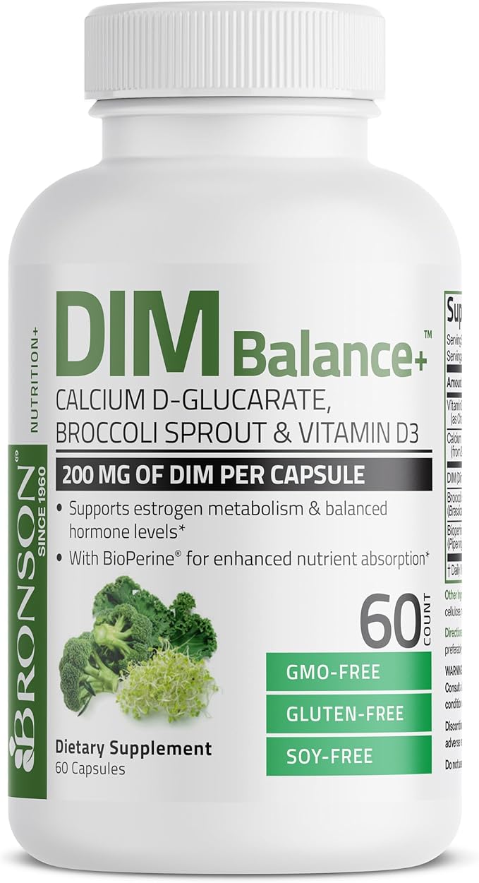 Bronson DIM Balance+ Calcium D-Glucarate, Broccoli Sprouts and Vitamin D3 200 MG of DIM per Capsule Supports Estrogen Metabolism and Balanced Hormone Levels Non-GMO, 60 Vegetarian Capsules
