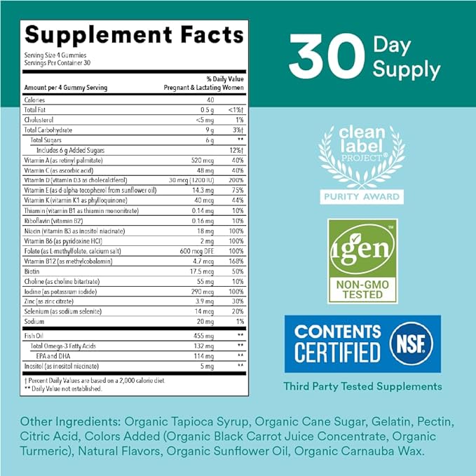SmartyPants Prenatal Vitamins for Women, Multivitamin 3 Fish D3, C, B12, B6, B6, Vitamin 120 Count (30 Day