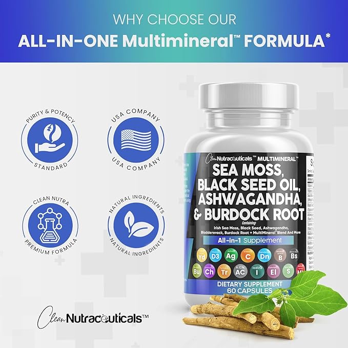 Sea Moss 3000mg Black Seed Oil 2000mg Ashwagandha 1000mg Turmeric 1000mg Bladderwrack 1000mg Burdock 1000mg & D3 with