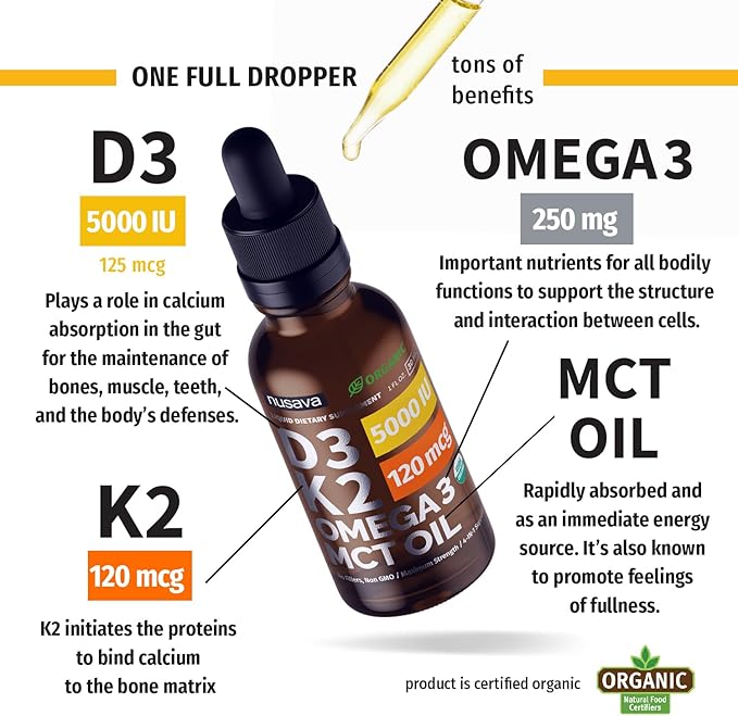 (2 Pack) Organic Vitamin D3 K2 3, 5000 5000 IU, 5000 IU, D3 for 2 Fl D3