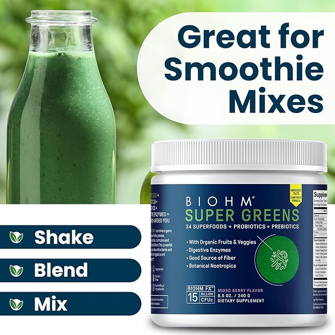 BIOHM Super Greens, Green Superfood Powder Antioxidant Veggie Powder and Smoothie Mix with Digestive Enzymes, Spirulina, 34 Superfood with Prebiotics and Probiotics, Mixed Berry Flavor (30 Servings)