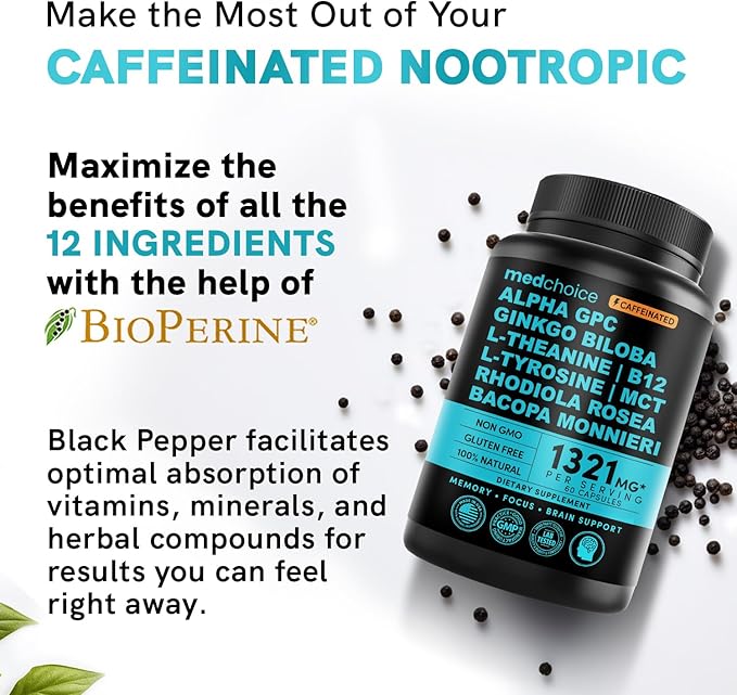 12-in-1 Nootropic Brain Supplement with Caffeine B12, Alpha 1321mg (60ct) (60ct)