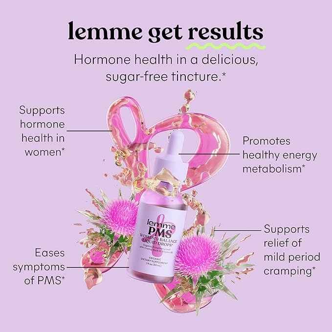 Lemme PMS Hormone Balance for Women Liquid Drops, PMS & Mild Period Cramping Relief, 10-in-1 Herbal Blend with Raspberry Leaf, Dong Quai, Cramp Bark, Reishi & B2, Organic, Sugar-Free, 1 fl oz