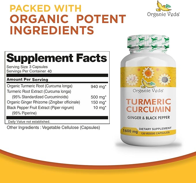 Organic Veda Turmeric and Ginger Capsules 120 pills (95% curcuminoids)