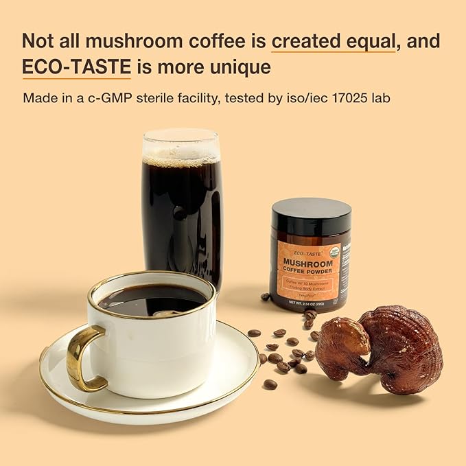 Organic Mushroom Coffee – 30% Beta-Glucans, Arabica Instant Coffee Infused with Fungipure™ Mushrooms - Lions Mane, Reishi, Turkey Tail, 72 Grams - 36 Servings