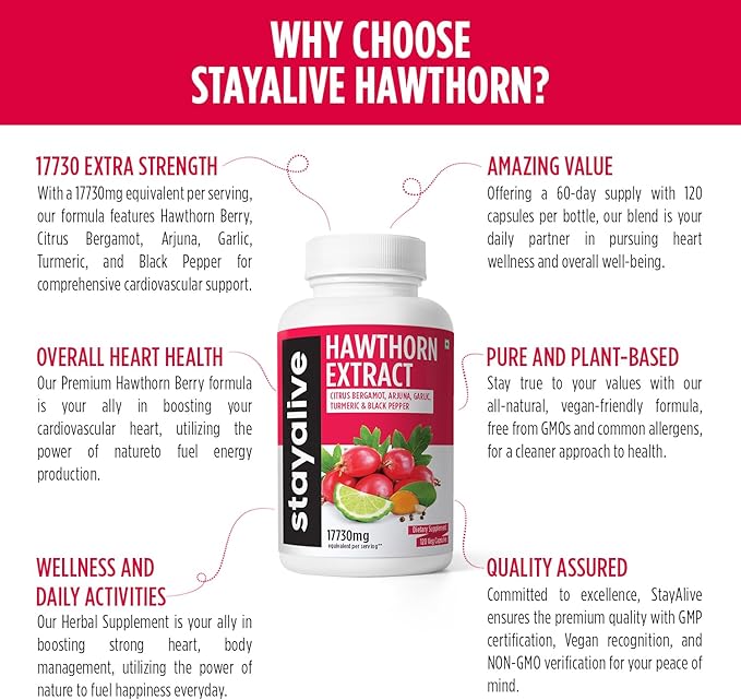 STAY ALIVE Hawthorn Berry Capsules 9000mg, 6000mg, Garlic 1000mg, Turmeric 1125mg, Arjuna 600mg & 120 Vegan