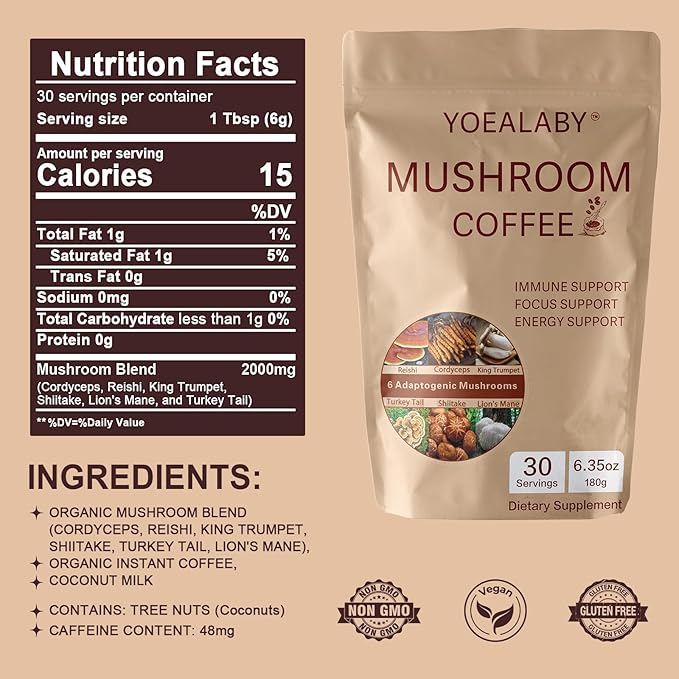 Mushroom Coffee,Organic 6 Adaptogenic Mushrooms Cordyceps, Reishi, Lion's Mane - Enhanced with MCT Oil, Non-GMO Instant Coffee - 180g, 30 Servings - Enhances Focus, Energy & Immunity