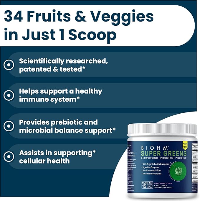 BIOHM Super Greens, Green Superfood Powder Antioxidant Veggie Powder and Smoothie Mix with Digestive Enzymes, Spirulina, 34 Superfood with Prebiotics and Probiotics, Mixed Berry Flavor (30 Servings)