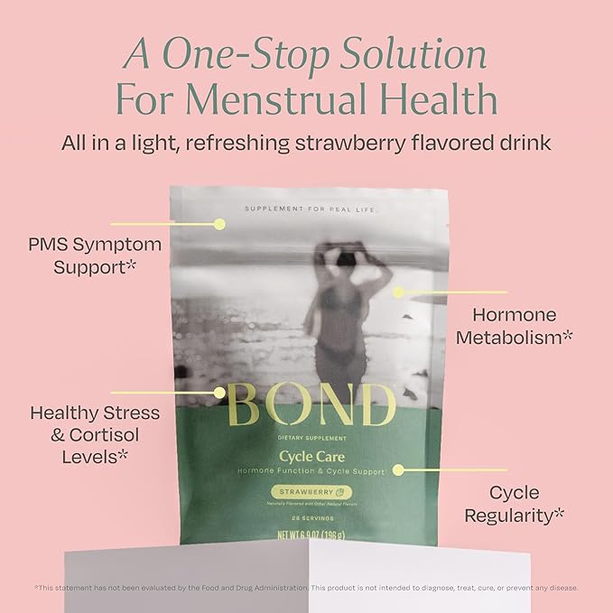 BOND Cycle Care - PMS Support Supplement for Women, Root Cause Period Relief, Menstrual Cramps, Mood Support, Cortisol Manager - Ashwagandha, Magnesium Glycinate, B Vitamins, Probiotics - 28 Servings