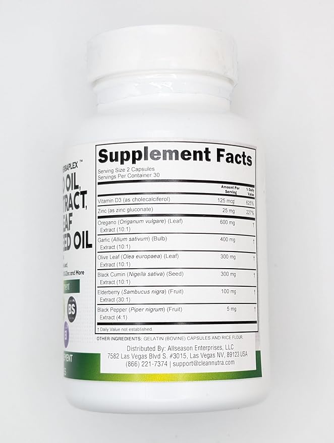 Clean Nutraceuticals Oregano Oil Garlic Extract Olive Leaf Black Seed Oil - Immune Support & Digestive Health Supplement for Women and Men with Vitamin D3 & Zinc - 1Pack