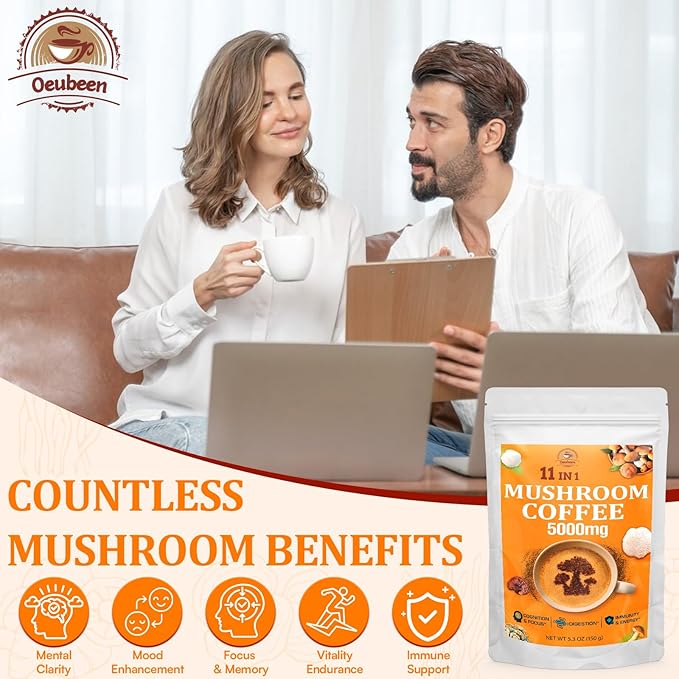 Mushroom Coffee - Mushroom Coffee Organic with 11 Superfood Mushrooms, Includes Lion's Mane, Reishi, Chaga, Cordyceps and Adaptogens, Mushroom Supplement for Energy, Focus, Memory and Immunity - 5.3oz