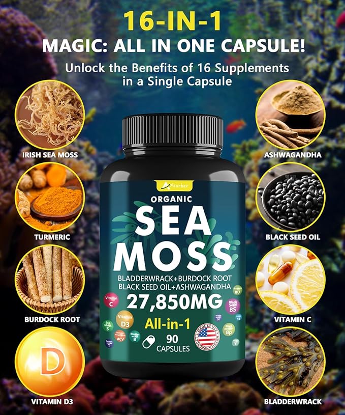 Sea Moss Capsules with Black Seed Oil, Aşhwagandha, Ginger & Vitamin C - Advanced Sea Moss Pills, Wildcrafted Sea Moss, Bladderwrack & Elderberry, 90 Tablets