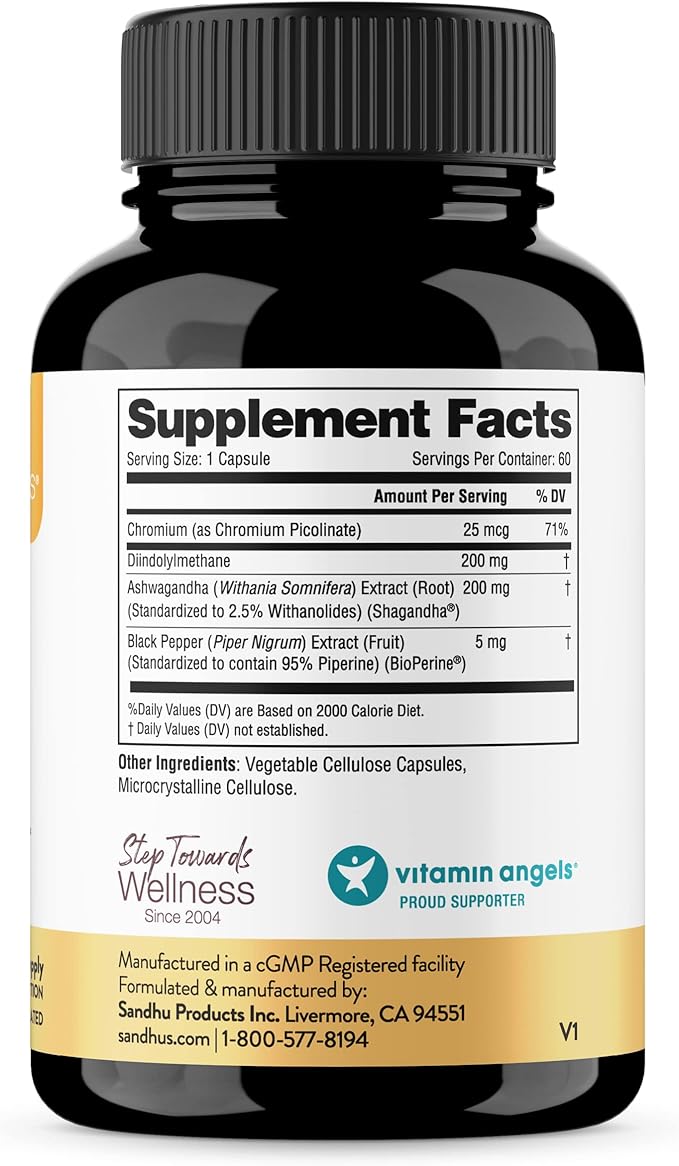 Sandhu's DIM Supplement 200 mg -60 Capsules - Diindolymethane with Ashwagandha & Bioperine Hormone Balance for Women & Men, Hormonal Acne Supplements