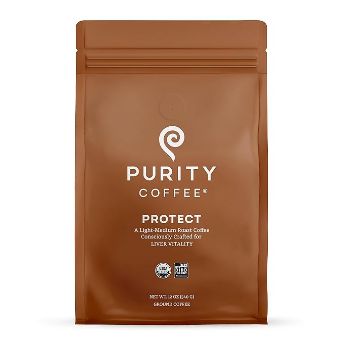 Purity Coffee PROTECT Light-Medium Roast Ground Coffee for Liver Vitality - USDA Organic and Third-Party Tested for Antioxidants, Mold, Mycotoxins and Pesticides - 12oz