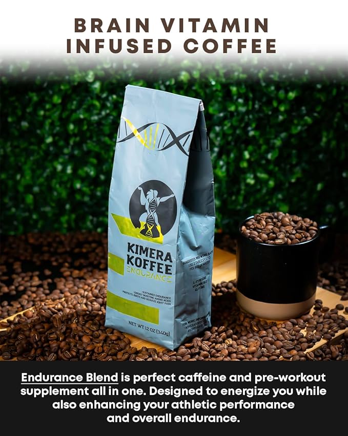 Kimera Koffee Organic Ground Coffee - 12 oz - Endurance Blend Medium Roast Ground Coffee with L-Tyrosine, Vitamin B12 and Glycine - Enjoy a Rich Organic Coffee Any Time of Day