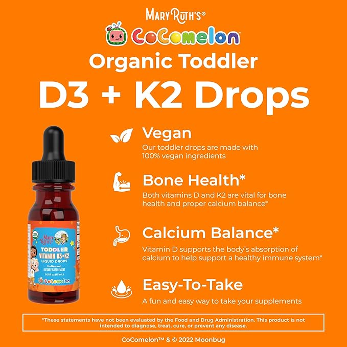 MaryRuth Organics CoComelon Vitamin D3 K2 Liquid Drops for Toddlers | Vitamin K2 D3 Supplement for Kids Ages 1-3 | Calcium Absorption | Strong Bones | USDA Organic | Sugar Free | 15 mL