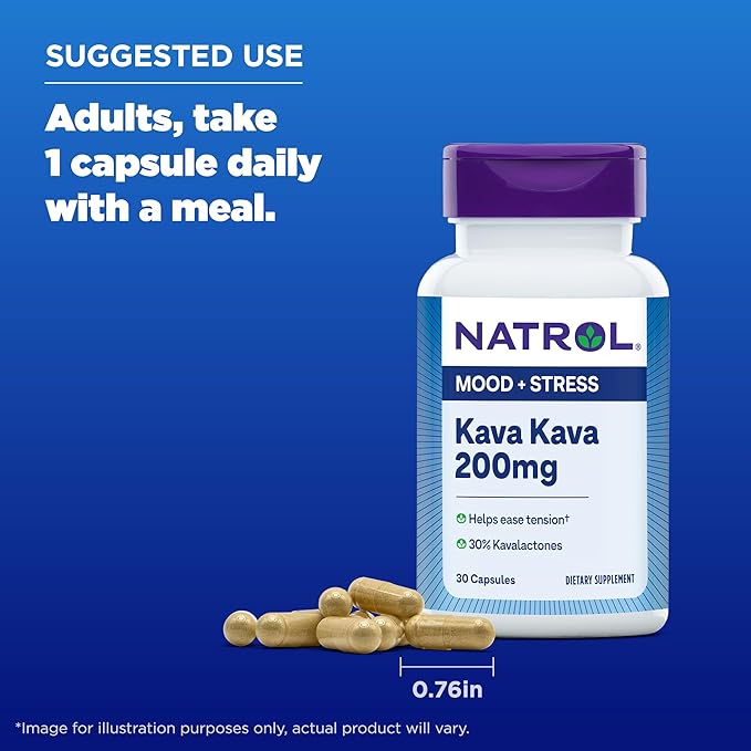 Natrol Mood & Stress Kava Kava 200mg, Dietary 30 Capsules, 15-30 Day