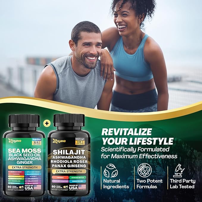 Zoyava Dynamic Vitality Bundle, Sea Moss 7000mg, Black 4000mg, Ashwagandha 2000mg, Ginger 9000mg, Rhodiola 1000mg, Panax (60 Count)