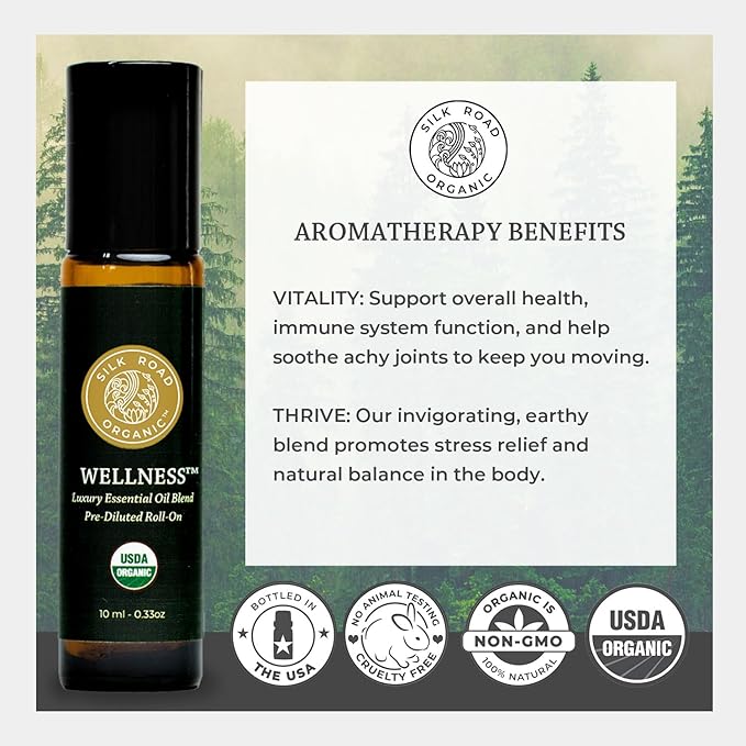 Organic Wellness Essential Oil Vitality Blend Roll On - 100% Pure USDA Certified Frankincense, Cypress, Cedarwood, Clary Sage, Orange - Thrive Naturally, 10 ml Roller by Silk Road Organic