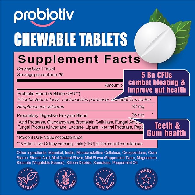 Chewable Probiotics Bloating Relief for Women 5 Billion (60 Count)