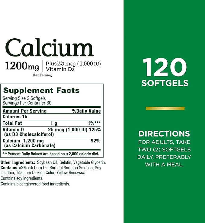 Nature's Bounty Calcium Carbonate & Vitamin 1200mg Calcium 1000IU Vitamin D3, 120 120 Softgels