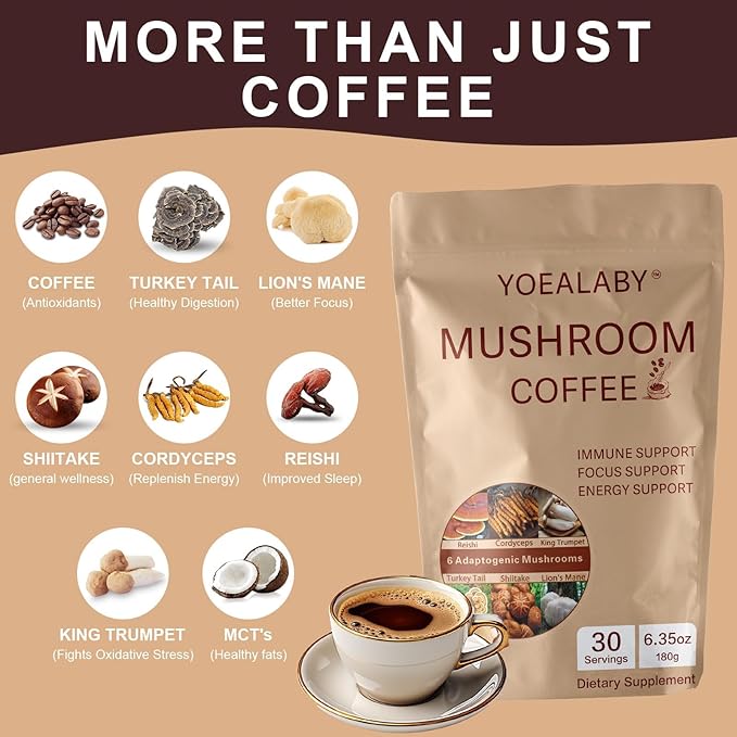 Mushroom Coffee,Organic 6 Adaptogenic Mushrooms Cordyceps, Reishi, Lion's Mane - Enhanced with MCT Oil, Non-GMO Instant Coffee - 180g, 30 Servings - Enhances Focus, Energy & Immunity