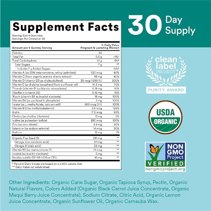 SmartyPants Organic Prenatal Vitamins for Women 3, Vitamin D3, Vitamin B12, 120 120 Count