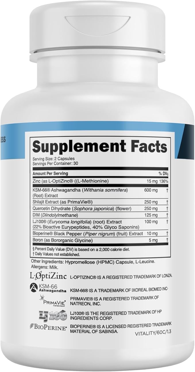 Vitality Testosterone Booster - Testosterone Supplement for Men with Ashwagandha KSM 66, PrimaVie Shilajit Extract, & DIM to Boost Vitality, Strength, & Increase Bioavailable Testosterone - 60 Count