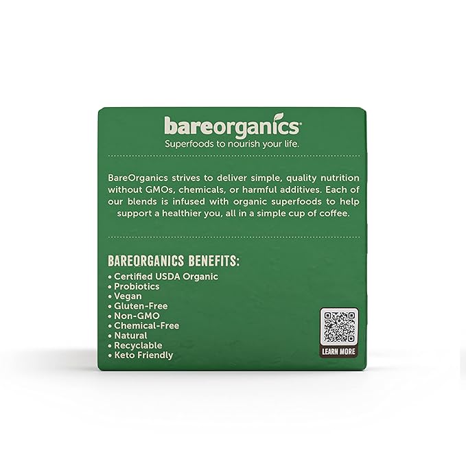 BareOrganics 13214 ENERGIZING USDA Organic Coffee Infused with Superfoods & Probiotics, Organic Coffee Pods, Keurig K-Cup Compatible Organic Coffee Pods, Vegan, Gluten Free, 10 Single (Pack of 2)