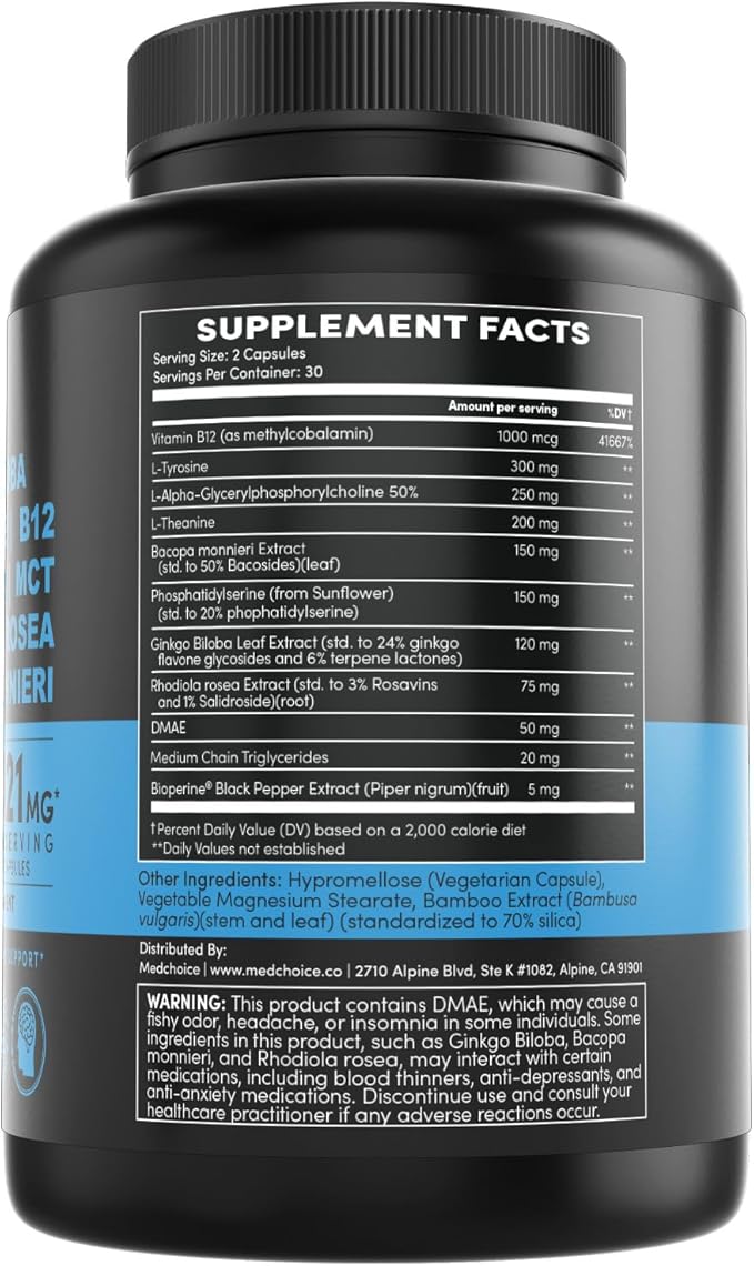12-in-1 Nootropic Brain Supplement Anhydrous: Ginkgo Biloba for Brain Support, Memory and Focus - B12, Alpha GPC, L Theanine and Choline Supplements with Bioperine non Caffeinated 1321mg (180ct)