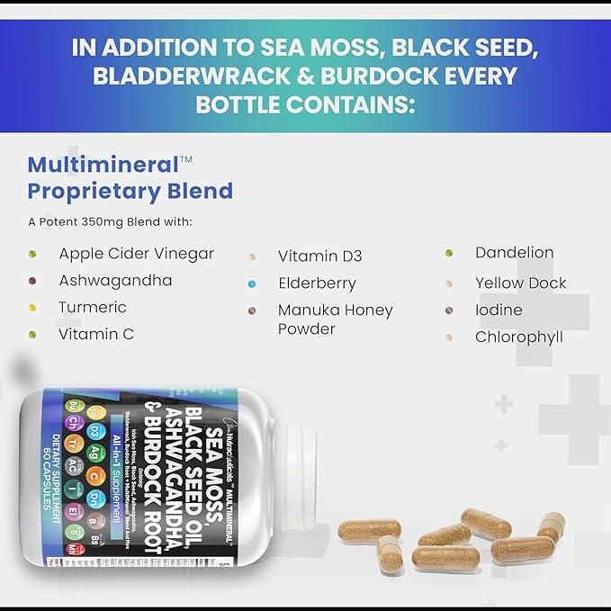Sea Moss 3000mg Black Seed Oil 2000mg Ashwagandha 1000mg Turmeric 1000mg Bladderwrack 1000mg Burdock 1000mg & D3 with