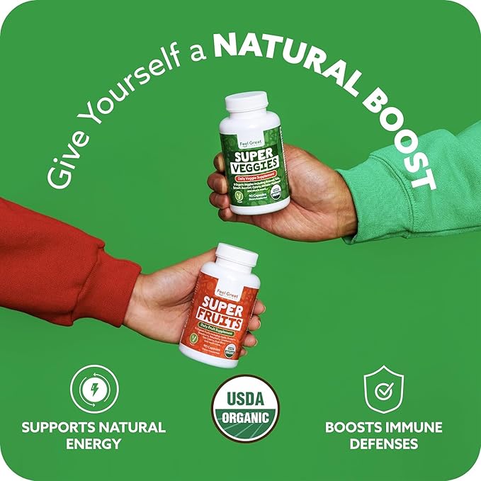 Feel Great USDA Organic Fruit and Vegetable Supplements | 20+ Super Reds & Greens for Natural Energy Support | Vegan Fruit and Veggie Vitamins | 2 Pack of 90 Count