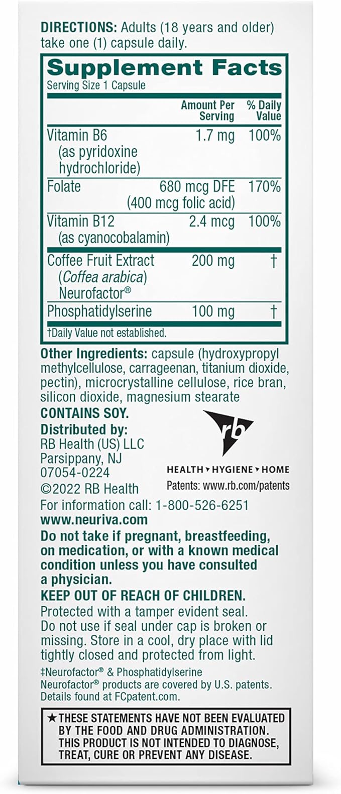 NEURIVA Plus Brain Supplement for Memory B6, B12, B12, Phosphatidylserine 30 Capsules