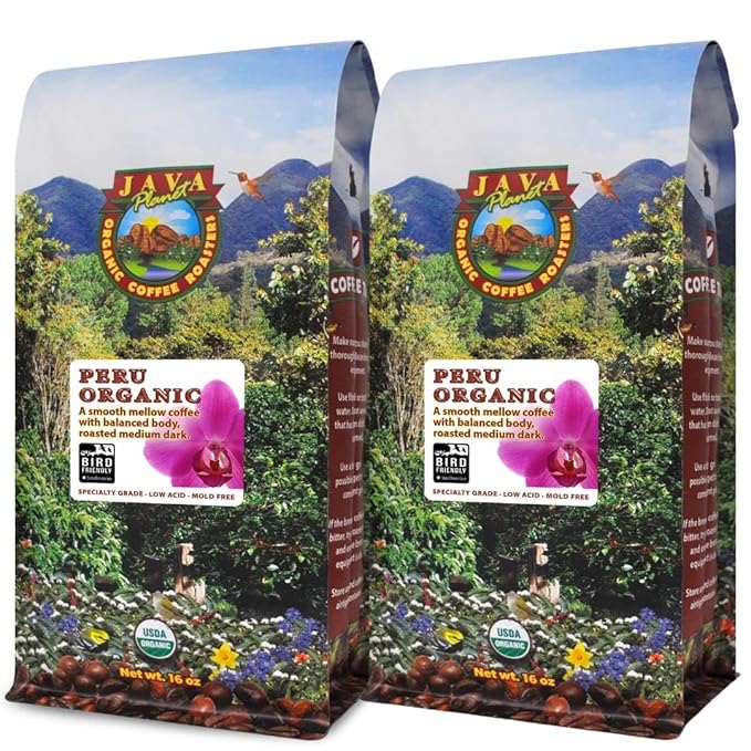 Java Planet Organic, Peru Single Origin Medium Dark Roast, Smooth Full Flavored Organic Coffee Beans, Low Acid, Whole Bean Coffee, Smithsonian Bird Friendly Two 1LB Bags