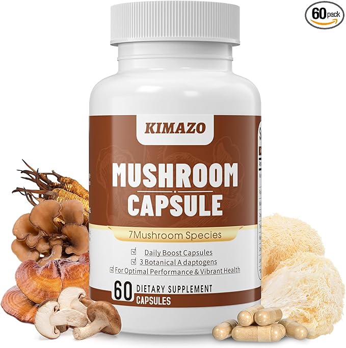 KIMAZO Lions Mane Supplement, Focus & 7 Different 100% Fruiting Mycelium(20 Days 60 Count)