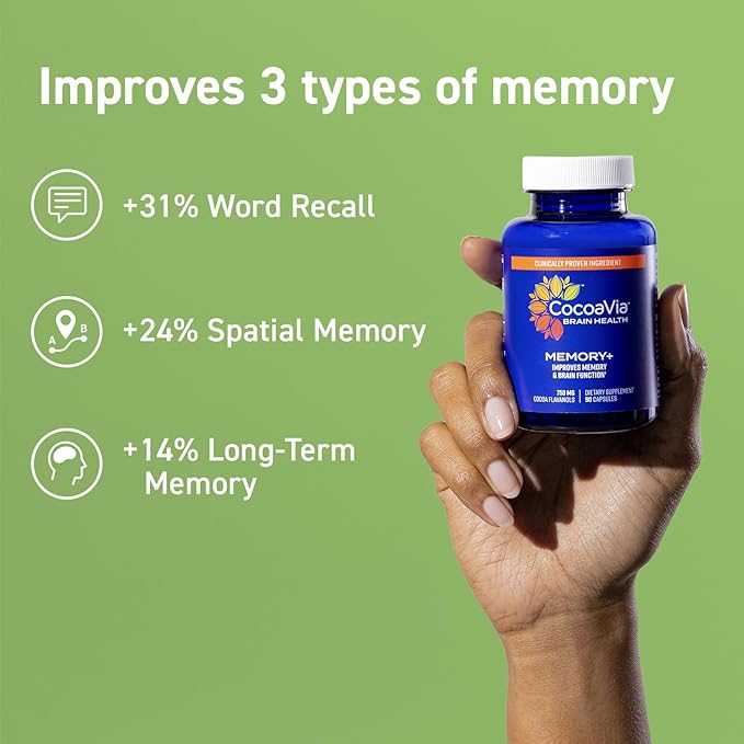 CocoaVia Memory+ Brain Supplement, 60 Day, 750 mg Based,180 Capsules